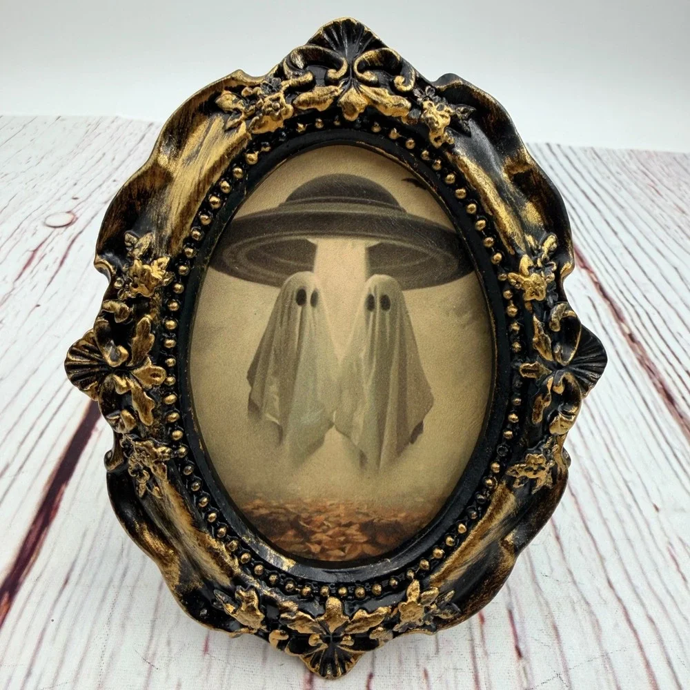 Handmade Ghost UFO Abduction Decoupage Art Ornate Gold Black Resin Frame 4x3.25